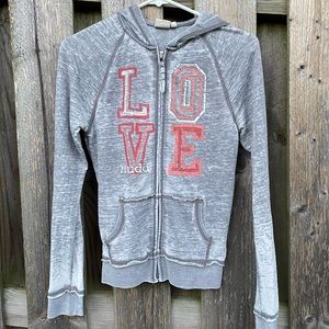 Girls Retro LOVE Mudd Zip up grey hooded sweatshirt distressed hoodie